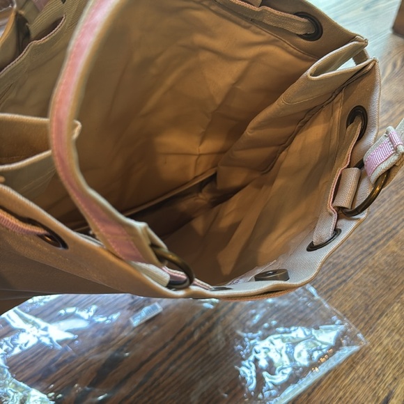 YSL tan canvas pink embroidered woven grosgrain/canvas drawstring closure tote. - Picture 5 of 6